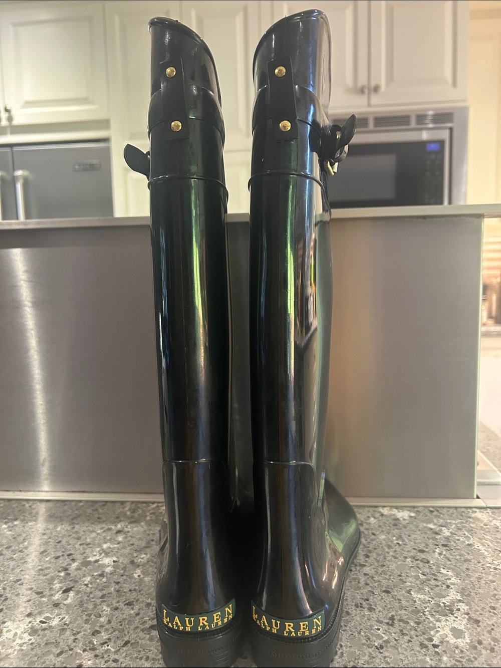Ralph Lauren Black Glossy Tall Rain Boots with Gold Accents